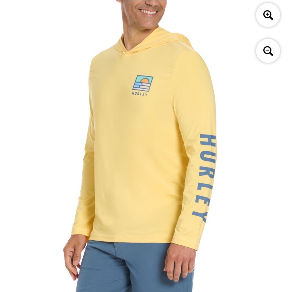 Hurley Pale Yellow Long Sleeve Hoodie Tee with Beach Graphic